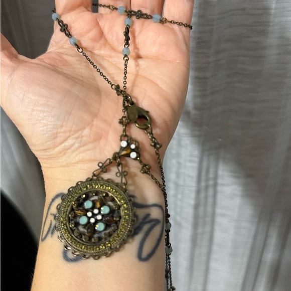 Boho Medallion Pendant Necklace | Antique Gold Tone | Blue Stone Details - Picture 6 of 6